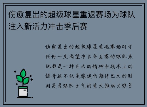 伤愈复出的超级球星重返赛场为球队注入新活力冲击季后赛