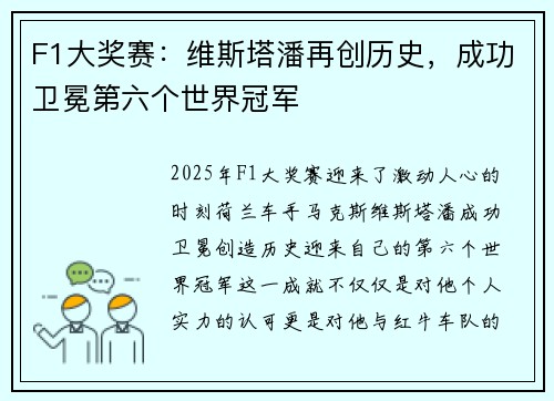 F1大奖赛：维斯塔潘再创历史，成功卫冕第六个世界冠军